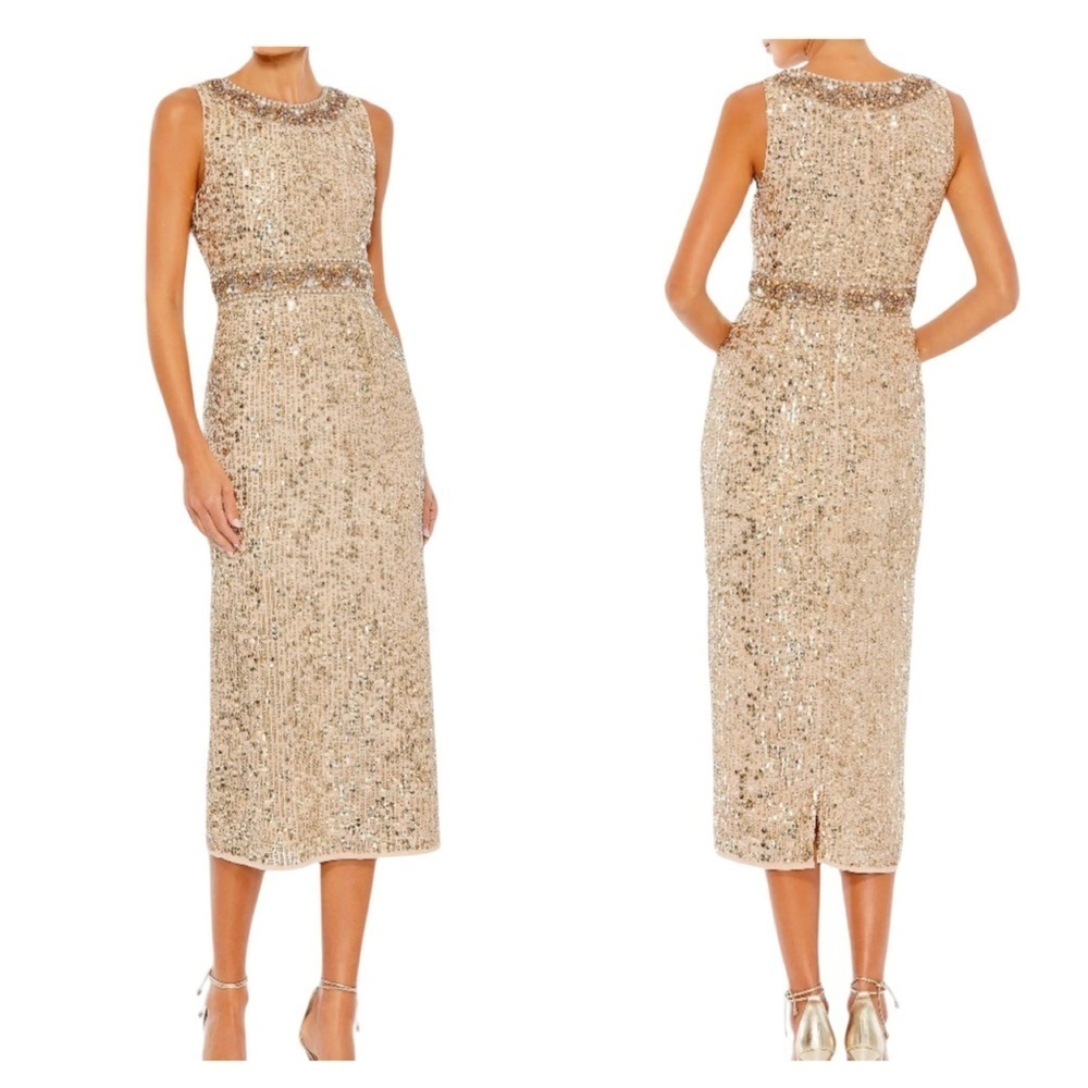 Mac Duggal 10739 Gold Sequin Midi Dress Jewel Neck NWT